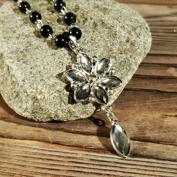 Victorian Style Black Silver and Smoke Navette Flower Pendant Necklace - Picture 1 of 5